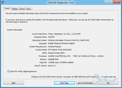 DXDiag  Windows Developer Preview